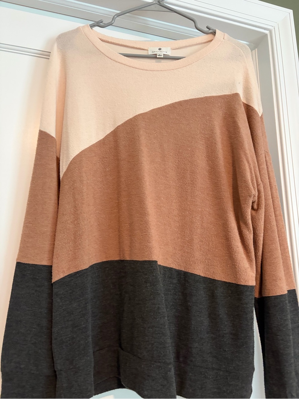 Socialite Colorblock Crew Neck Sweater - Cream, Brown & Charcoal